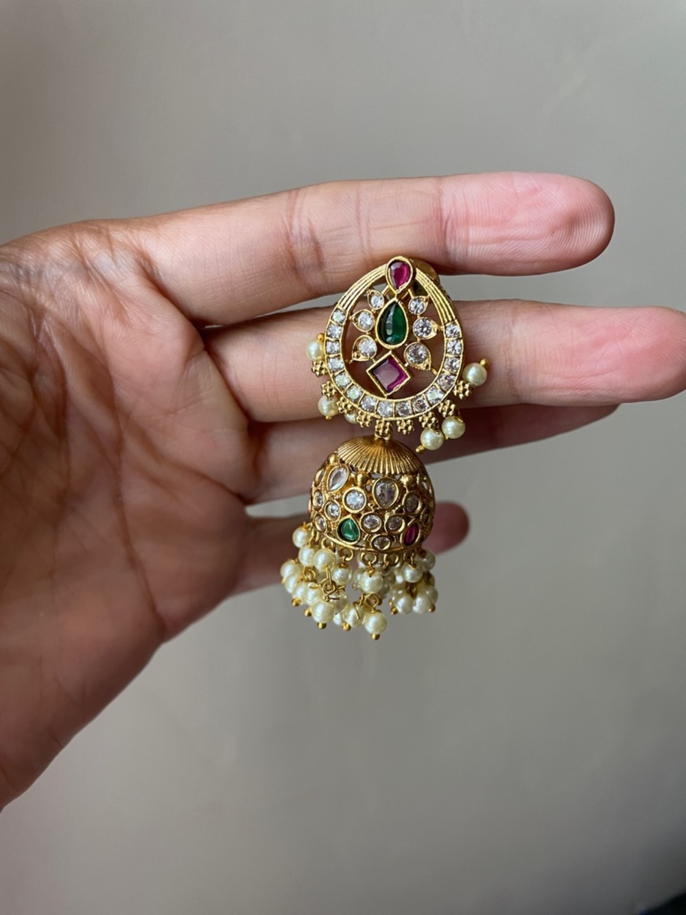 Gold-Tone Pearl Jhumka Earrings with Green & Pink Stones - Picture 4 of 5